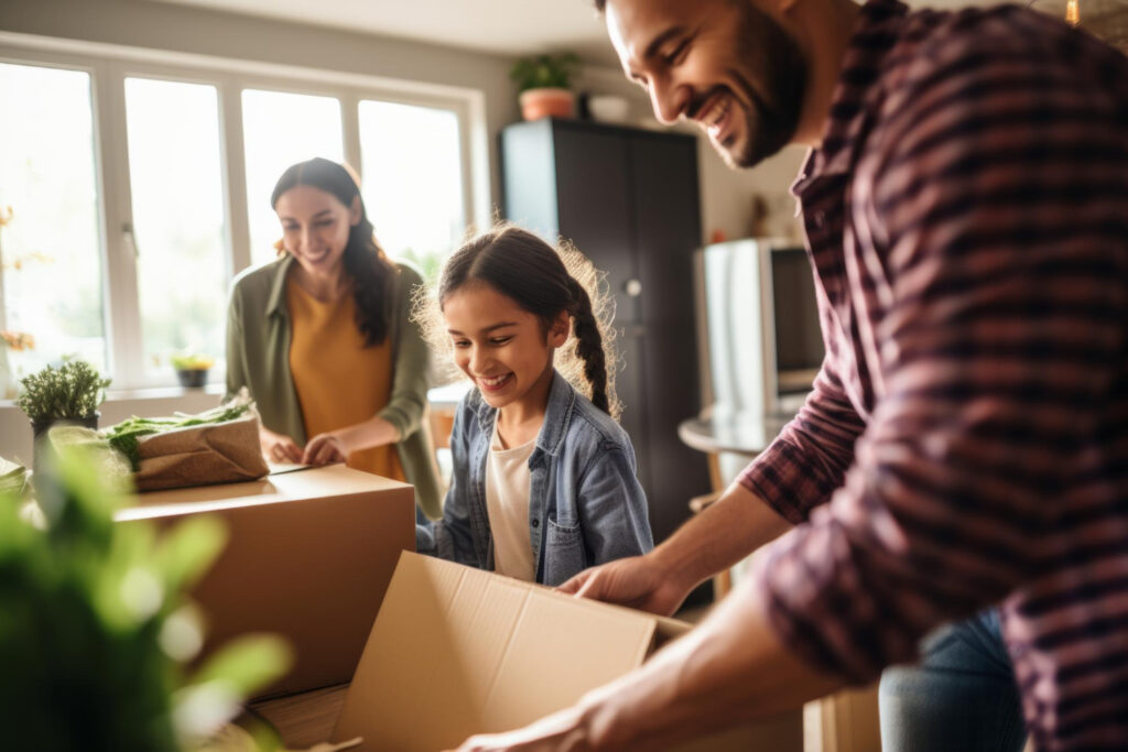 Famille souriante préparant à déménager, empilant des cartons de déménagement et planifiant leur nouveau logement en garde alternée.