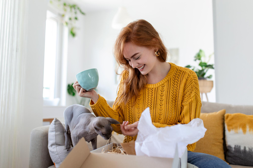 Chat curieux explorant parmi les cartons de déménagement, symbole de l'adaptation à de nouvelles habitudes dans une nouvelle maison.