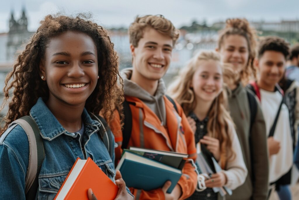 Étudiants enthousiastes entrant dans une des meilleures écoles de Nantes, symbolisant une éducation de qualité et le succès scolaire.