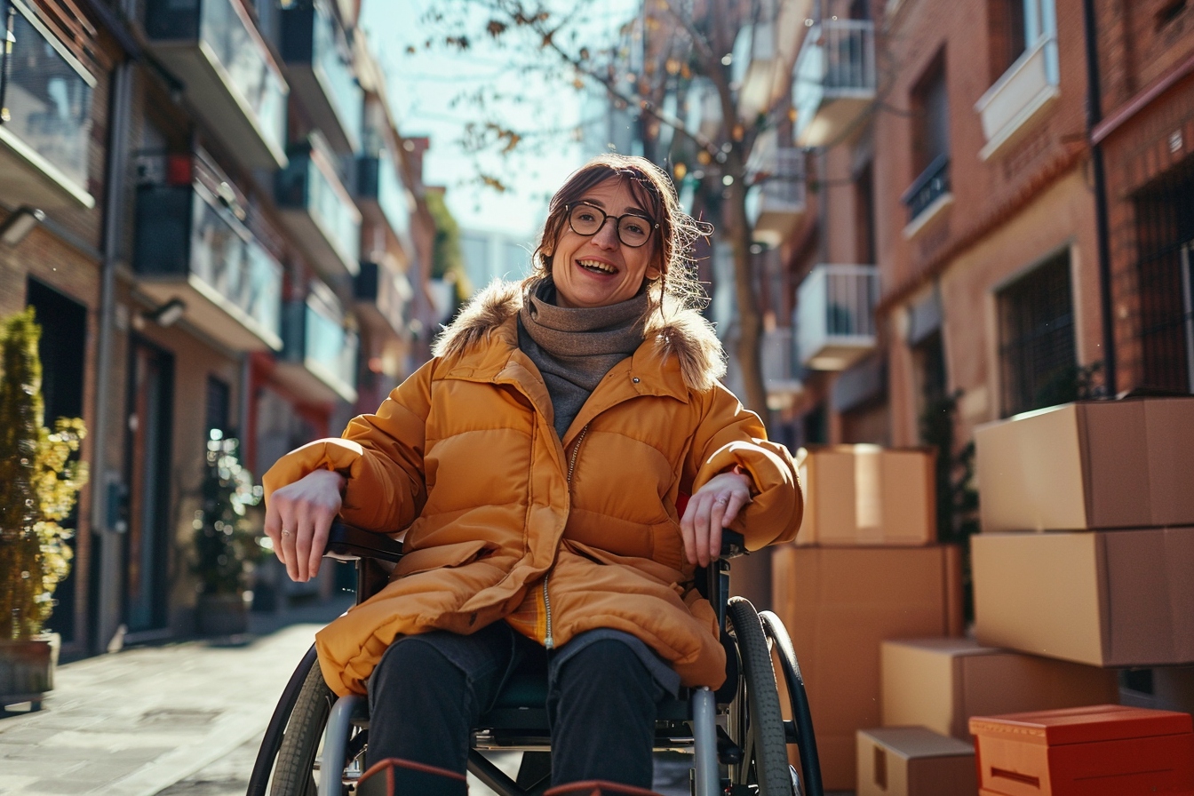 Personne en fauteuil roulant recevant une aide financière pour déménagement à Nantes, facilitant l'accessibilité et le soutien aux personnes handicapées.