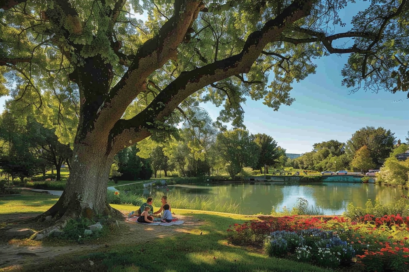 Famille profitant d'un pique-nique ensoleillé dans un parc verdoyant à Nantes, illustrant la beauté des espaces verts de la ville