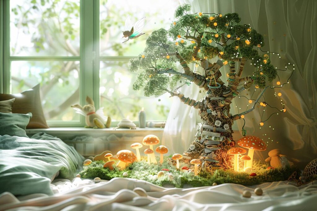 Alt d'image : "Décoration de chambre d'enfant féerique faite de matériaux recyclés, montrant des créations colorées et inspirantes pour sublimer l'espace de jeu et de repos.
