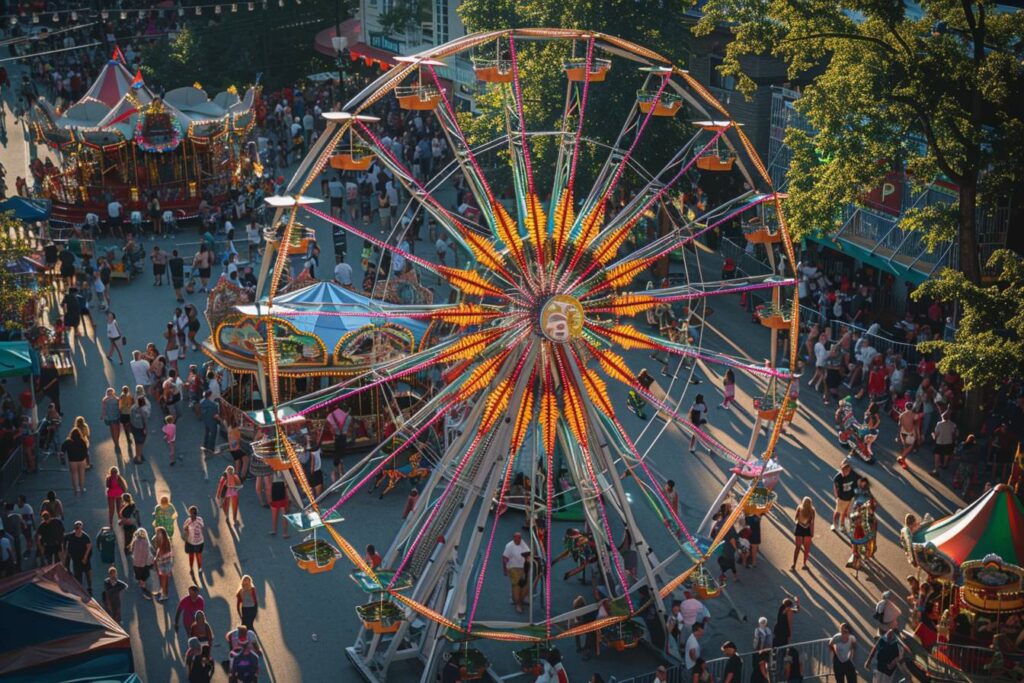 Foule dynamique célébrant la fête à Nantes, illuminée par des spectacles colorés lors des festivals 2023.